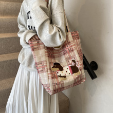 韩国ins刺绣狗狗豹纹单肩斜挎帆布包复古2025新款通勤慵懒休闲包