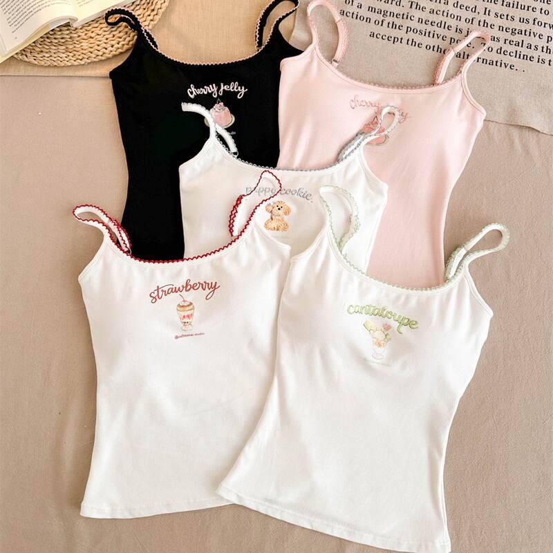 6328 # Sweet and cute style rayon cartoon print camisole with ruffled shoulder straps, built-in chest pads, and beautiful back design