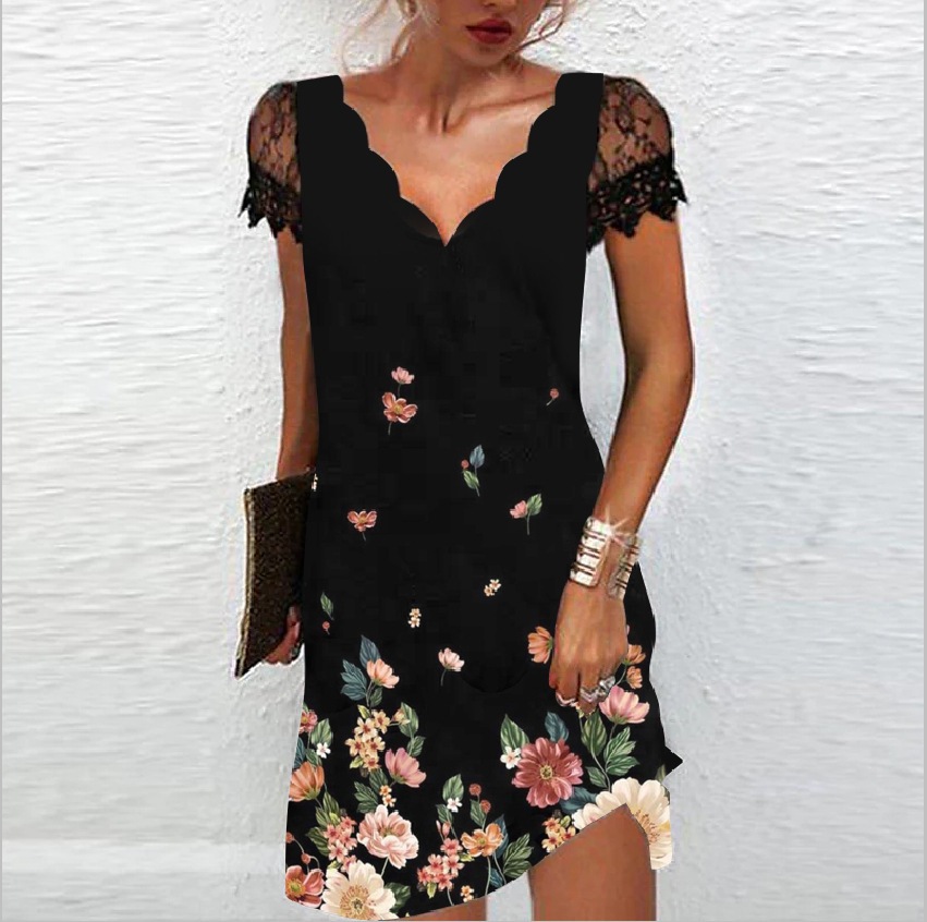 Lace print V-Neck Short Sleeve stitching slim Dress-Multicolor NSFH130033