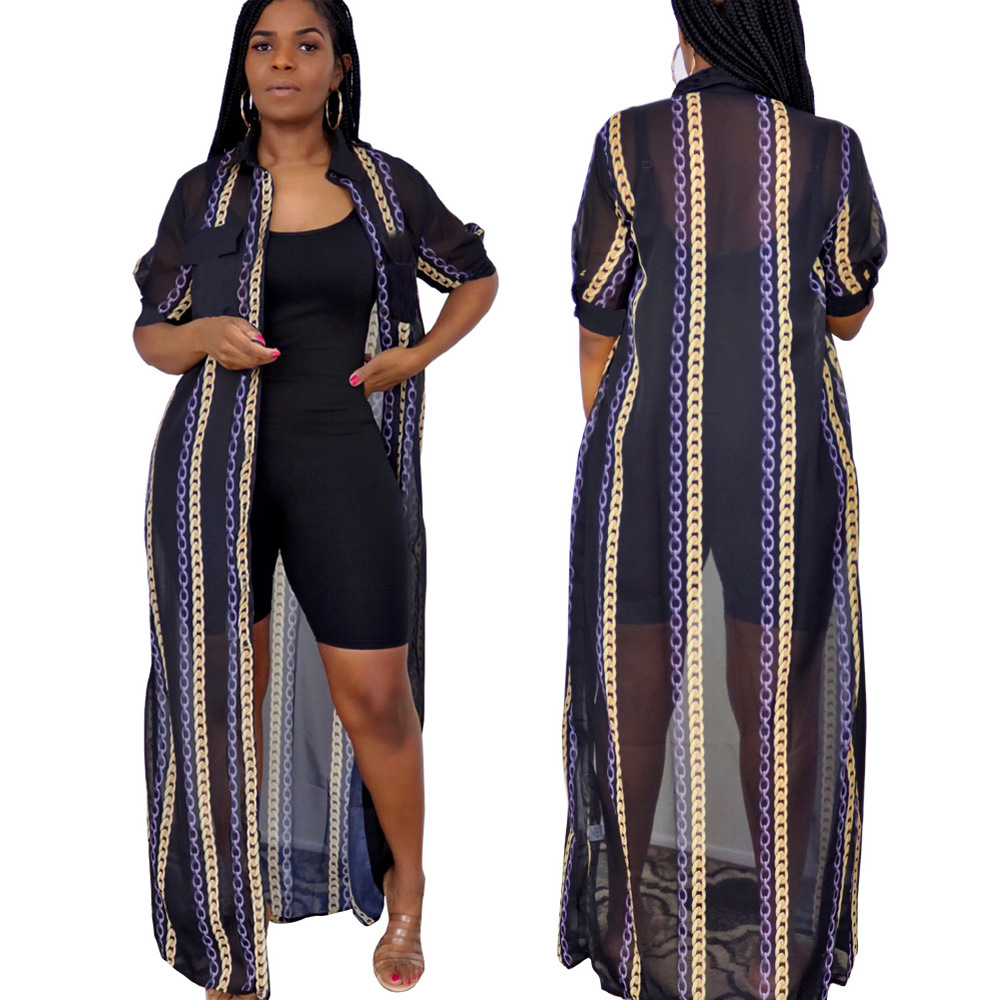 L0344速卖通 亚马逊欧美性感透视网纱透气休闲防晒衬衫短袖连衣裙