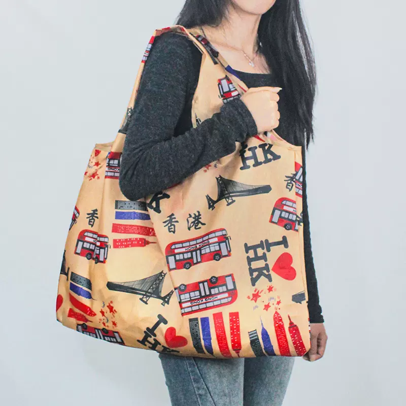 香港印花环保袋手提防水超市买菜包单肩大容量可折叠便携购物袋子