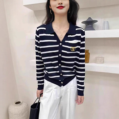 韩系气质polo领长袖针织开衫百搭女装毛衣秋冬新款设计感条纹上衣