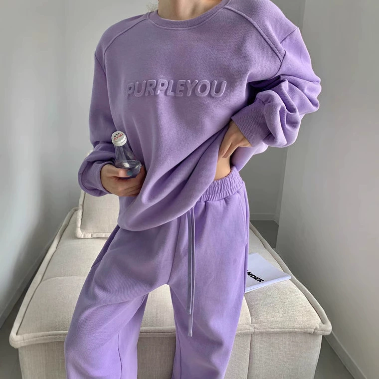 Фиолетовый спортивный досуг большой размер костюм женский 2025 весна и осень новый японский свободный чехол брюки из двух частей