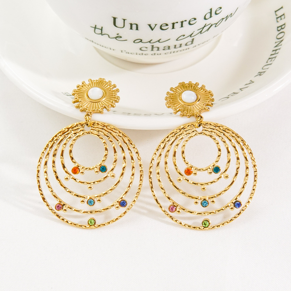 Street Occasion 304 Stainless Steel, natural stone Material Round Pattern PVD Coated 14K Gold Real Gold Plated Round 304 Stainless Steel Natural Stone Bohemian Waterproof Non Tarnish Drop Earrings