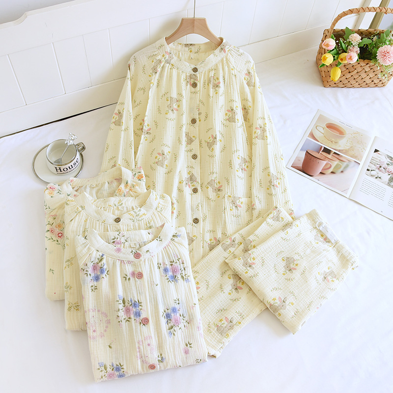Yuezi Clothing Spring and Autumn New Postpartum Pure Cotton Sweet Floral Double-layer Crepe Nursing Pregnant Women's Pajamas Home Two-piece Set