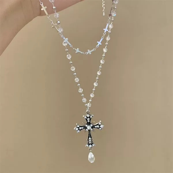 Sweet and Cool Girl Dark Cross Pendant Double-Layer Stacked Necklace Female Niche Stylish Elegant Versatile Clavicle Chain