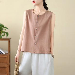 Ready-Made Artistic Cotton and Linen Vest for Women in Summer Loose Round Neck Outer Bottoming Shirt Sleeveless T-Shirt Cardigan Women's Top