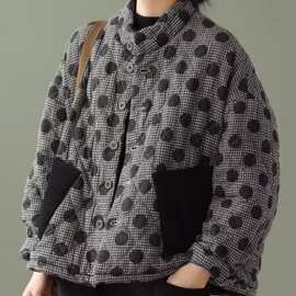 2024冬季新款夹棉圆点女士棉服棉袄加厚保暖格纹撞色棉衣外套
