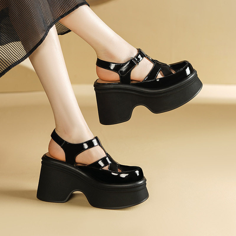 Sandal cao gót nữ 10 cm quai ngang mũi hở đế platform da bóng — Màu đen, Màu trắng be
