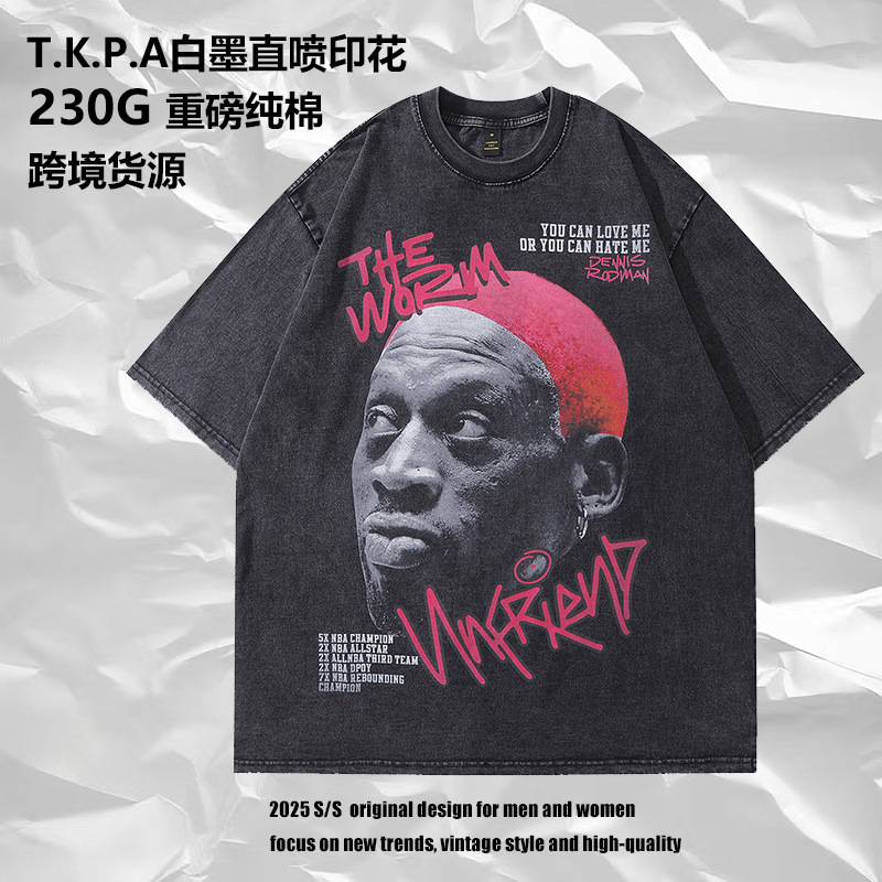 Tkpa Hip-Hop Basketball Portrait Half-Sleeved Tee American Street Retro Trendy Brand Old Washed Short-Sleeved T-Shirt for Men