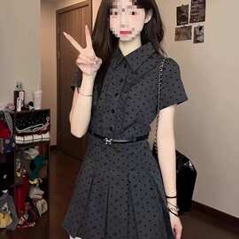 韩系复古假两件波点短袖连衣裙女夏季学院风穿搭收腰显瘦a字短裙
