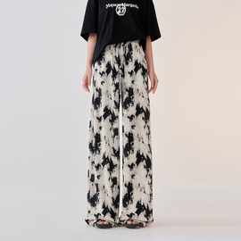 大码女装墨画晕染压褶休闲阔腿裤女夏季薄款高腰垂感直筒