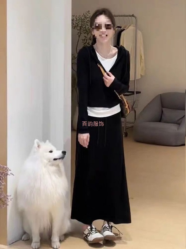 韩系感假两件连帽长袖T恤+半身裙两件套2025早秋新款套装女潮|undefined
