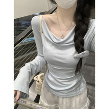 现货实价 秋季韩版纯欲荡领喇叭袖温柔百搭长袖T恤上衣女