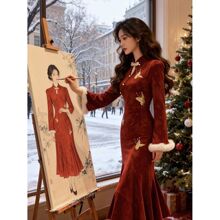 新中式国风改良旗袍连衣裙复古独特绝美红色修身包臀长裙2026冬季