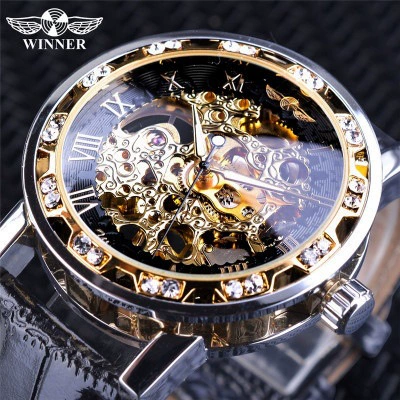 T-Winner Watch Мужские модные повседневные Популярные Полые ручные механические часы со стразами Мужские часы