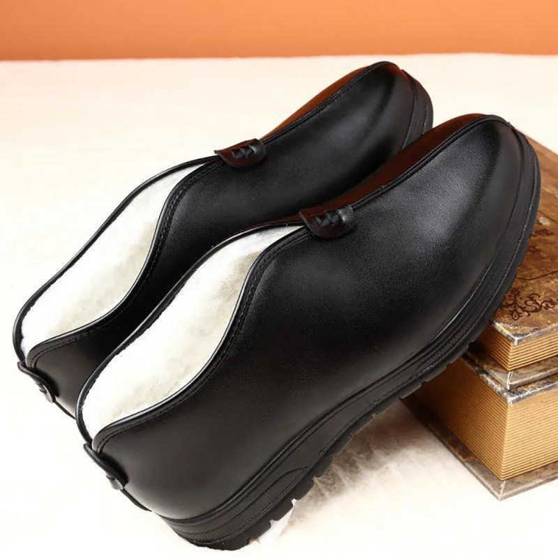 秋冬加绒皮毛高腰一体棉鞋老北京男士休闲棉皮鞋PU软底中老年鞋子