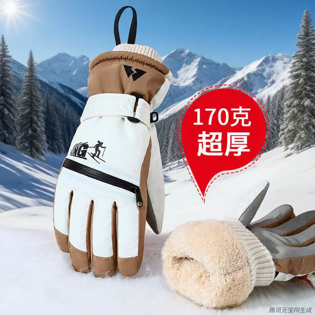 滑雪手套女冬季保暖可触屏防寒玩雪防泼水加绒厚骑行电动车男拉链