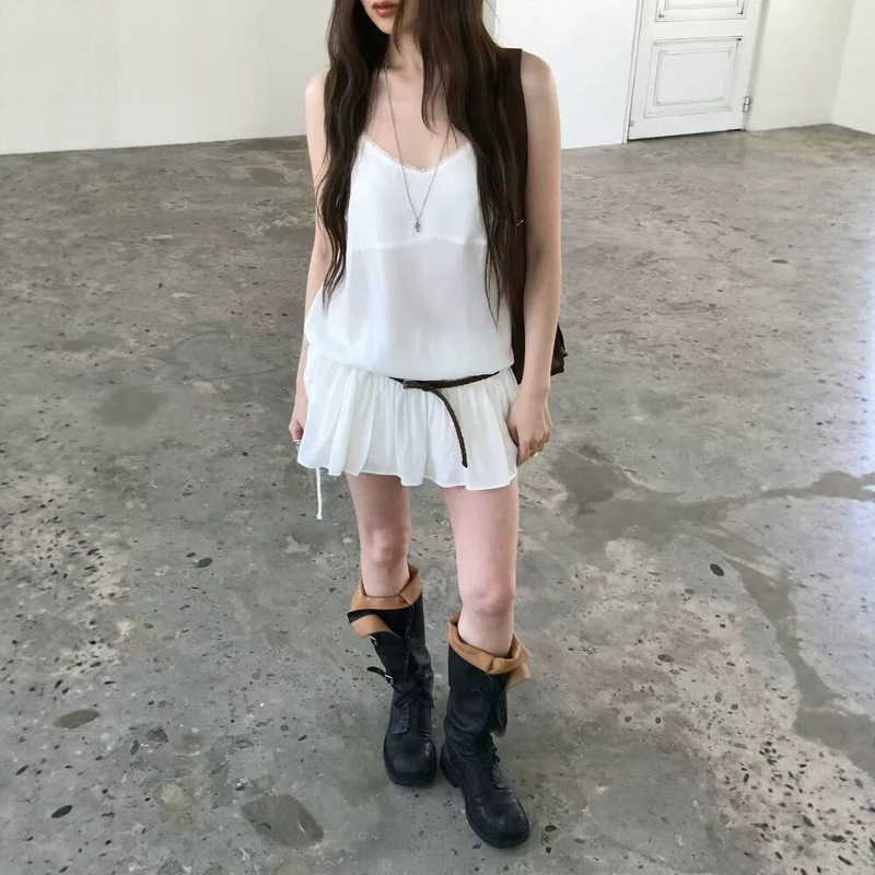 Now Available: Korean Designer Nuese Lace-Trimmed Waist Drawstring Slip Dress, Korean-Style Women's Clothing, Playful and Dynamic Dress