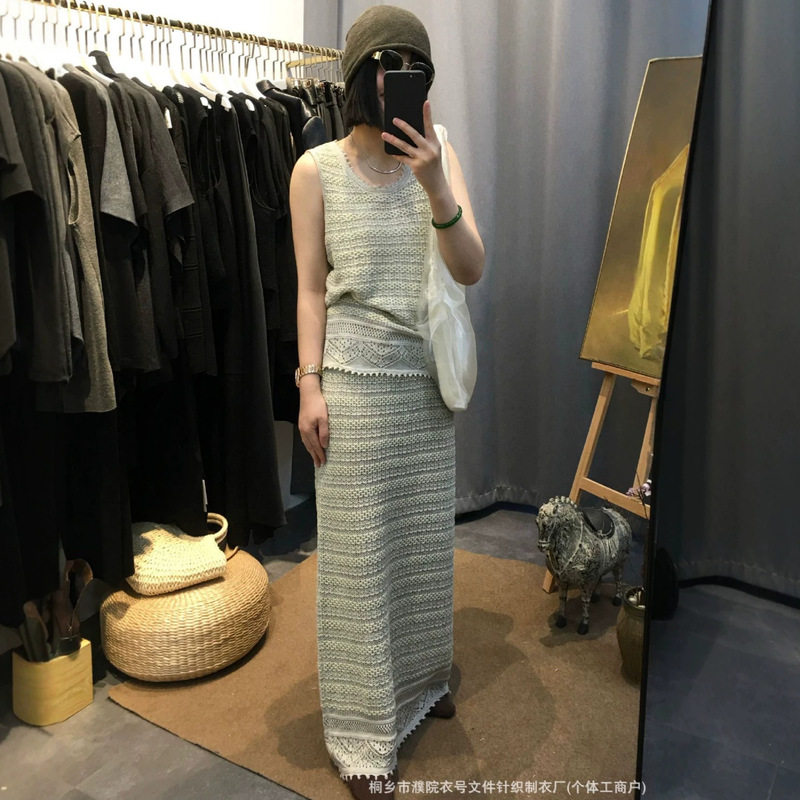 Custom-Made Stylish Outfit for Women: Sleeveless Vest + Skirt, Linen Woven Knitwear, Korean Spring/Summer New Collection