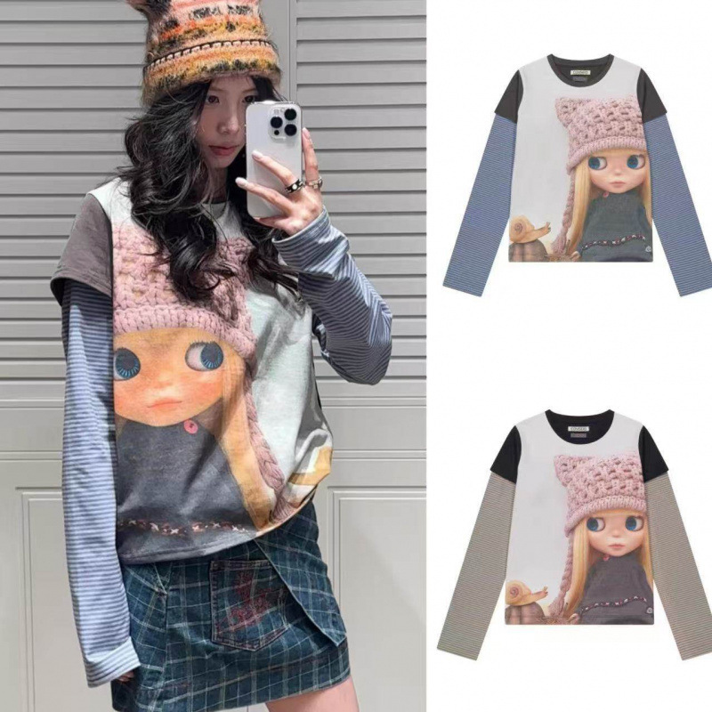 Korean Coyseio X Little B Collaboration Cartoon Doll Patchwork Striped Fake Two-Piece Style Long Sleeve T-Shirt for Women