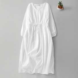 现货 高端苎麻文艺女装轻盈飘逸高级感气质裙白色连衣裙仙女范