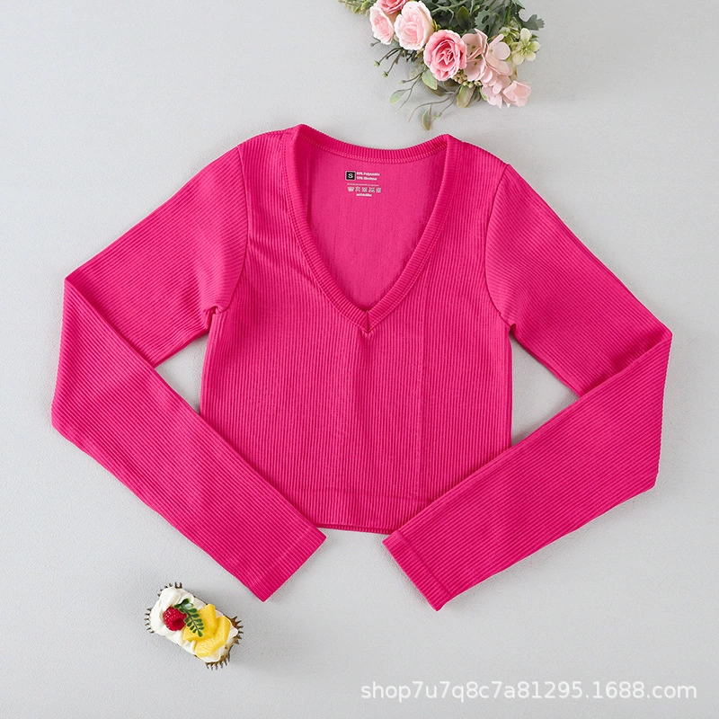 Женская футболка с V-образным вырезом, длинный рукав, обтягивающая, размеры S–L
