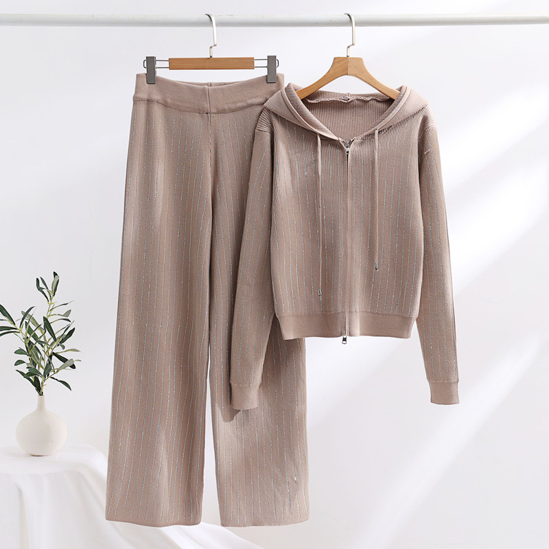 Women's Clothing Fashion casual hot diamond suit women's loose hooded cardigan top wide leg pants knitted two piece suit_voghion.com