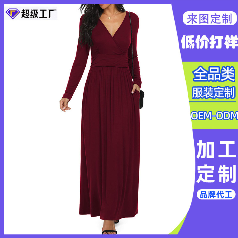 Dongguan Humen Factory Customized Cross-Border Women's Long-Sleeved Deep V Neck Loose Plain Long Extra Long Casual Dress