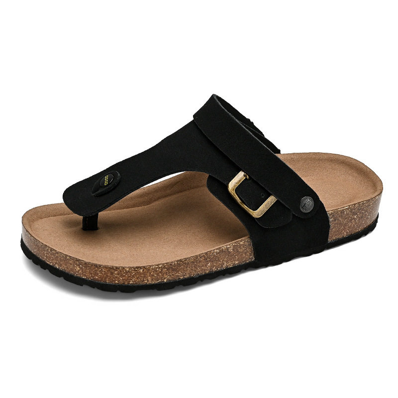 Dép sandal nam quai ngang kẹp chân đế gỗ phong cách Birken, thoáng khí đi biển — Màu đen, Nâu vàng, Trắng be