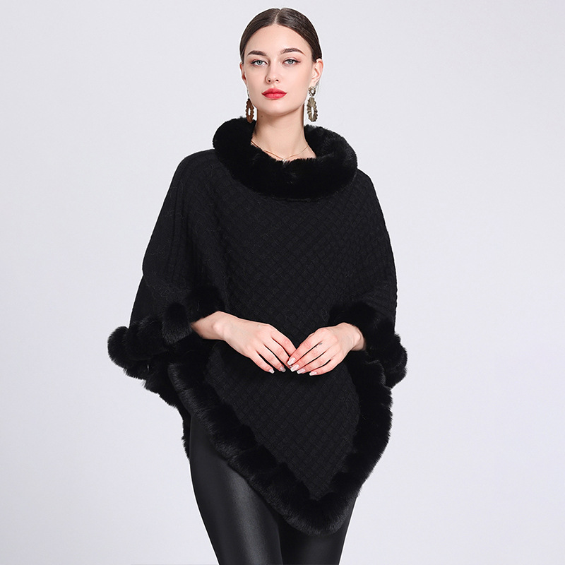 Fur collar cape cape women's knitted pullover sweater cape coat_voghion.com