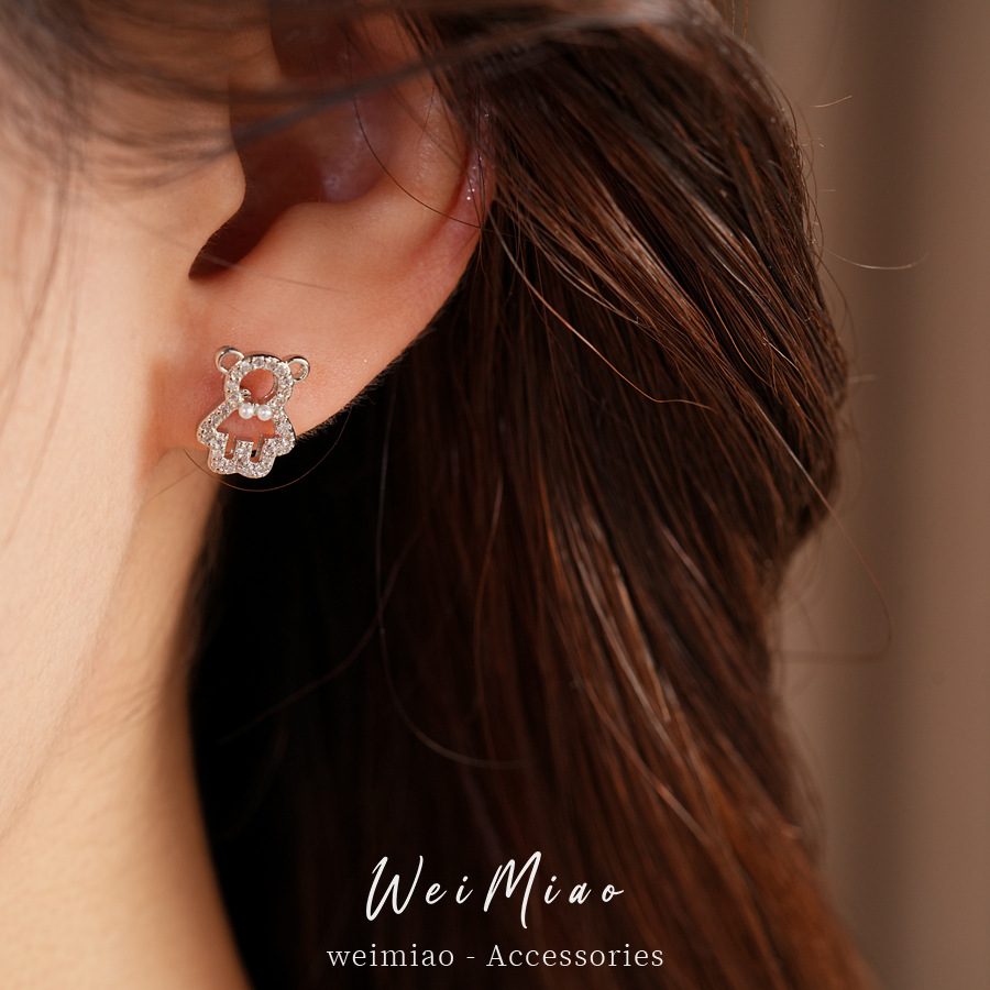 Agujas de plata zircon arco osos personalidad dulce cool versátil pendientes coreanos moda versátil exquisitos pendientes mujeres image 5