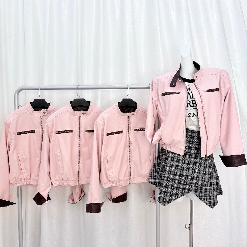 Korean Sweet Splicing Contrasting Pink Leather Jacket for Women Spring and Autumn New Casual Versatile Stand-Up Collar Jacket Versatile