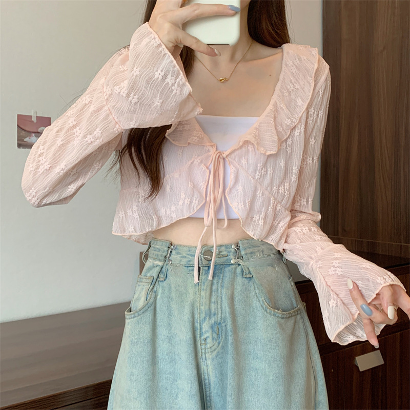 Ruffled Bell-Sleeve Sun Protection Clothing, Sweet Patchwork Women's Summer Thin Pink Cardigan with Three-Dimensional Patchwork Design