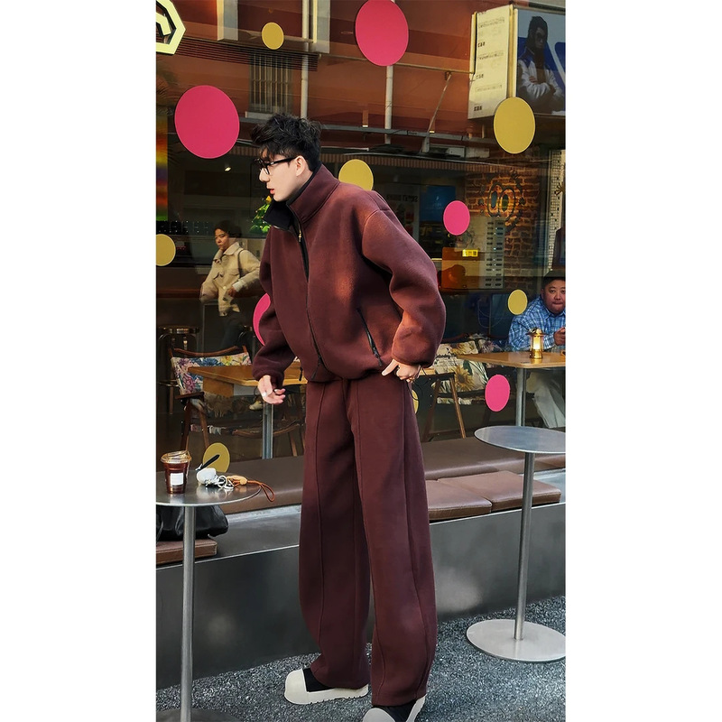 Autumn and Winter New Heavyweight Double-Sided Fleece Casual Suit Men's Lazy Style Warm and Comfortable Versatile Jacket and Pants