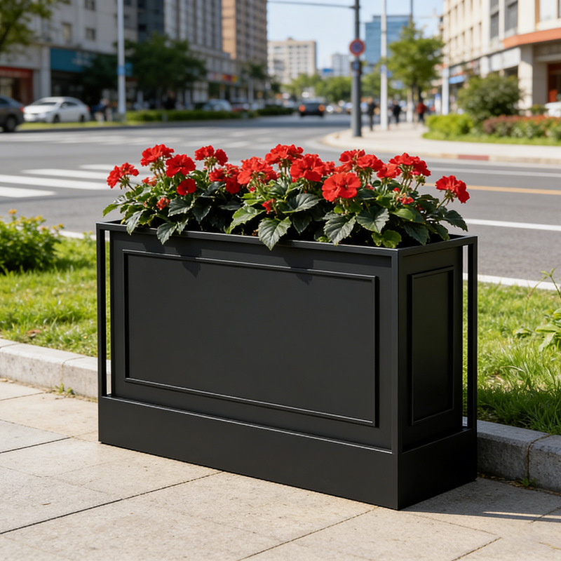 Caja de flores de acero inoxidable forjado al aire libre, sala de ventas, caja de flores de calle comercial, caja de flores de metal terminada, cerca de caja de flores