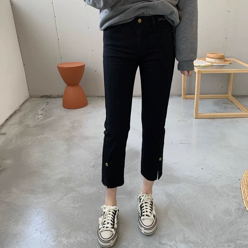 Маленькие черные брюки с разрезом, женские укороченные брюки, эластичные весенне-летние новые прямые брюки в Корейском стиле с высокой талией для похудения, черные трусики