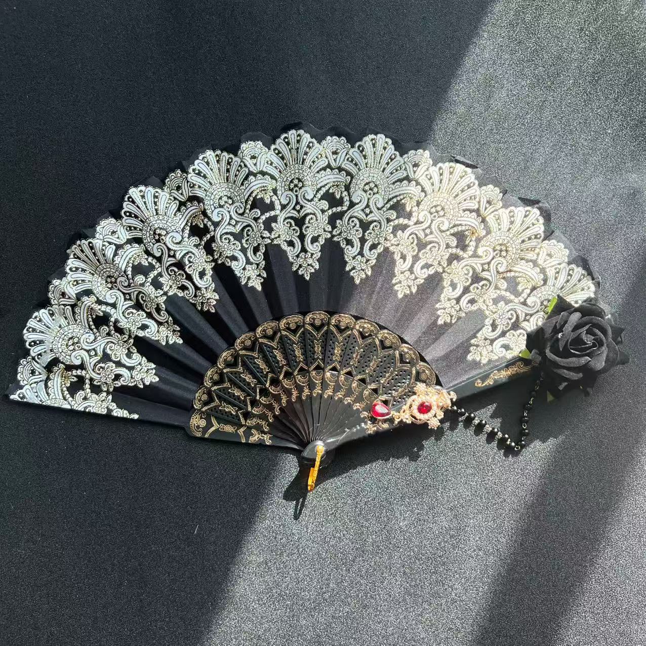 브론징 팬 블랙 로즈 비즈 체인 크리스탈 펜던트