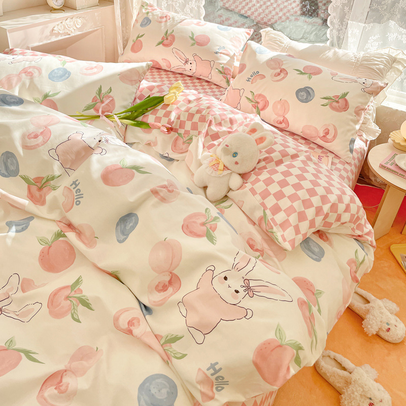 かわいいウサギの純綿ベッド4点セット、綿子供用女の子プリンセス寝具3点セット、ベッドシーツ、掛け布団カバー|undefined
