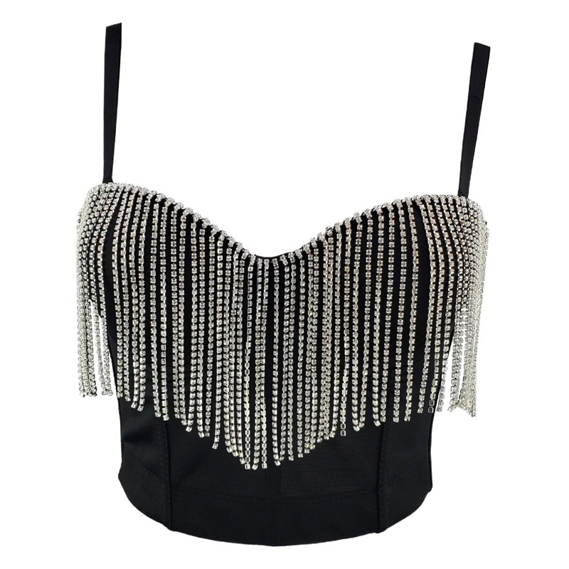 Top corto tipo camisola sin espalda con cadena de borlas con incrustaciones de diamantes, top adelgazante de verano elegante con un estilo retro moderno.