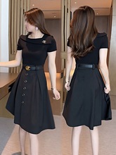 设计款假两件连衣裙女夏季2024新款高端气质收腰显瘦中长A字裙子
