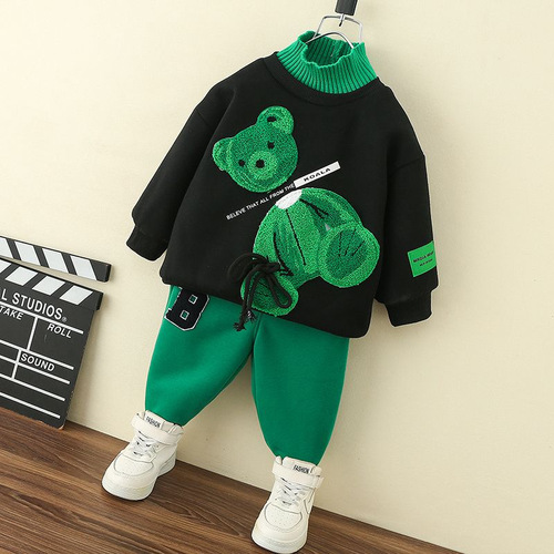Boys and girls, young and middle-aged children, Western style cartoon sweatshirts and sweatpants two-piece set  autumn and winter new style velvet tops and trousers trendy