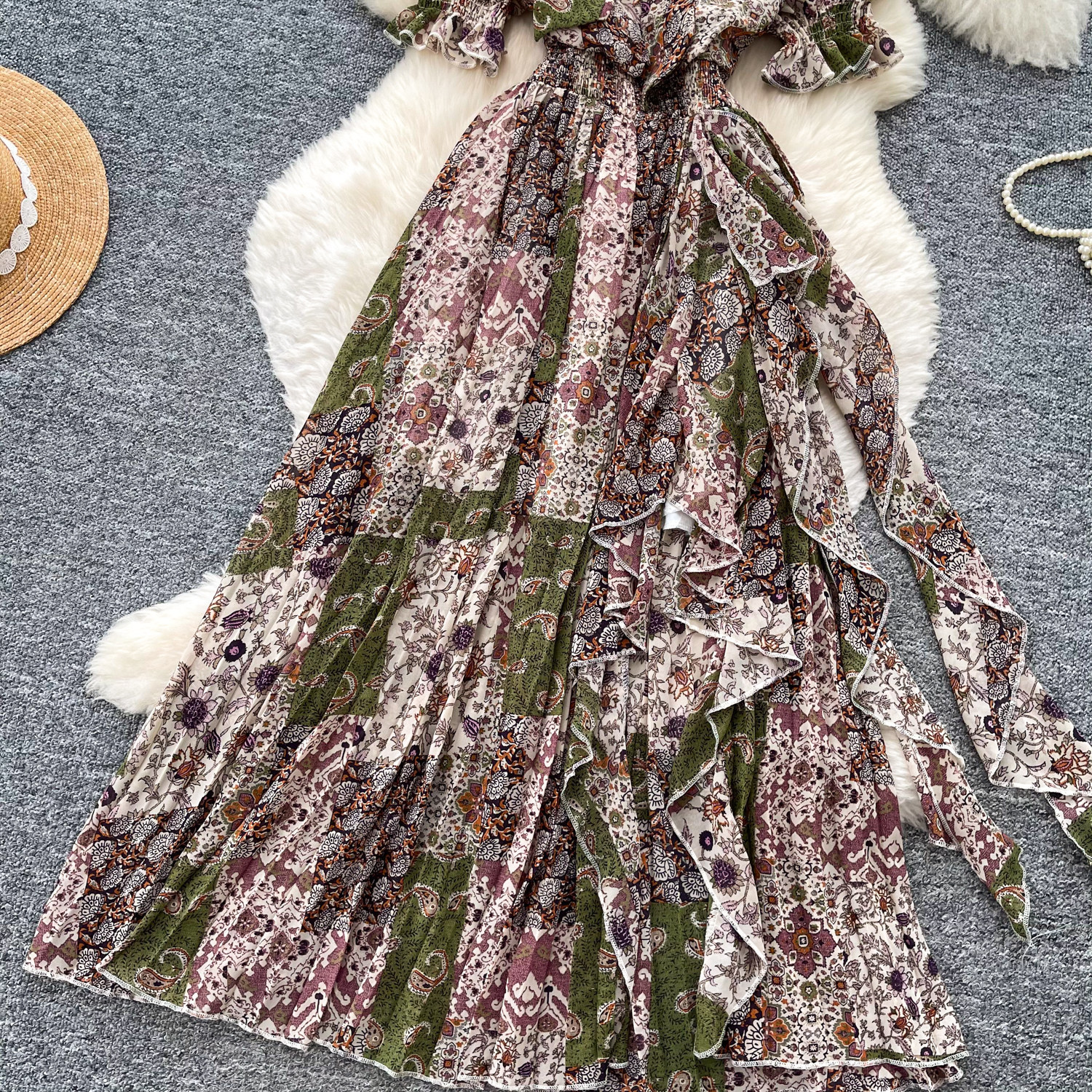 Retro Printed Dress Short Sleeved a Line Skirt Long Slimming Elegant Summer Women's Clothing_ecoleips.com