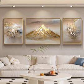 轻奢温馨纯手绘日照金山新年温馨客厅装饰画三联挂画油画