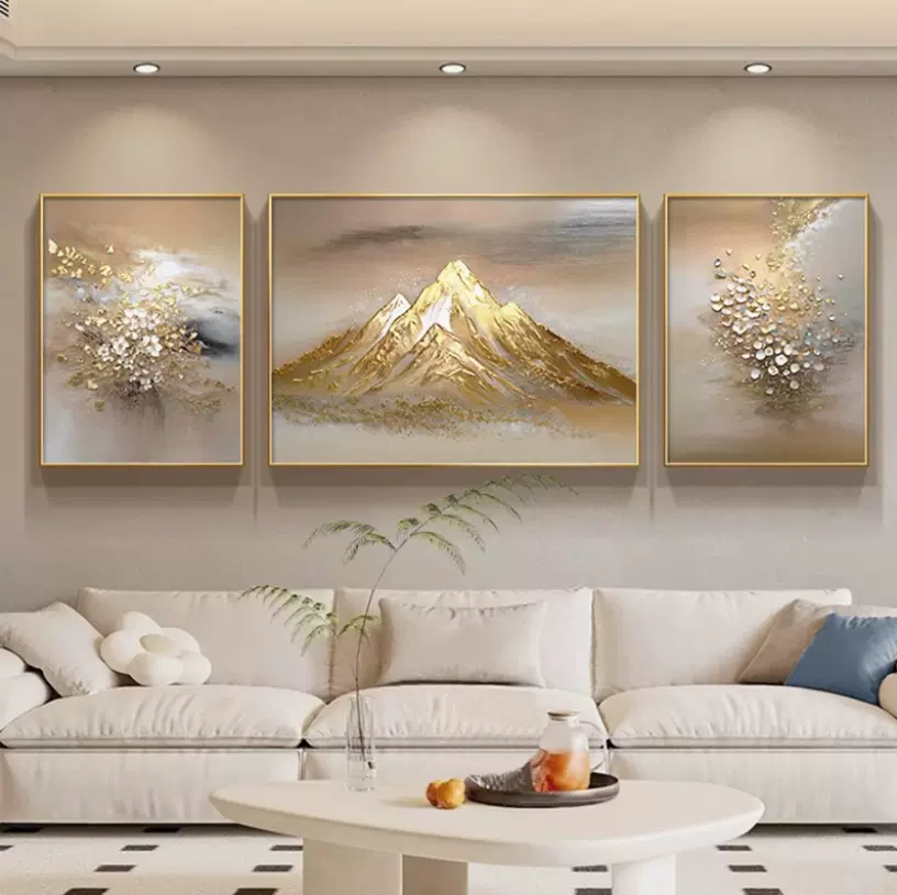 纯手绘日照金山客厅装饰画手绘高档大气沙发背景墙挂画三联画
