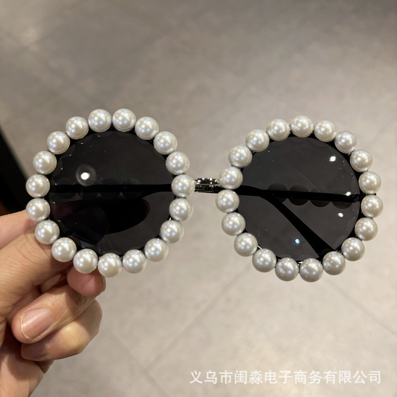 Rihanna Same Style Glasses Pearl Metal Round Frame Sunglasses ins Internet Celebrity Same Style Fashion Show Wedding Photography