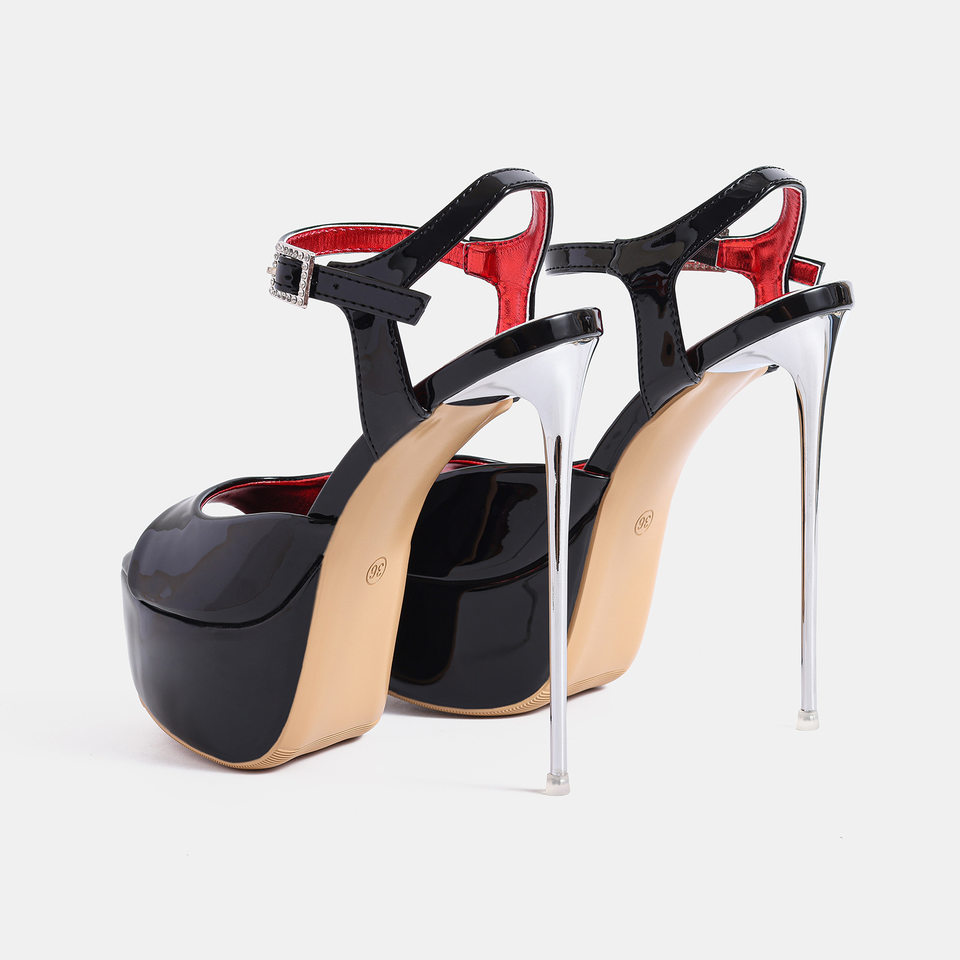 Sandal nữ cao gót siêu mảnh 14 cm mũi tròn hở ngón quai ngang da bóng — Màu be, màu đen chi tiết 5