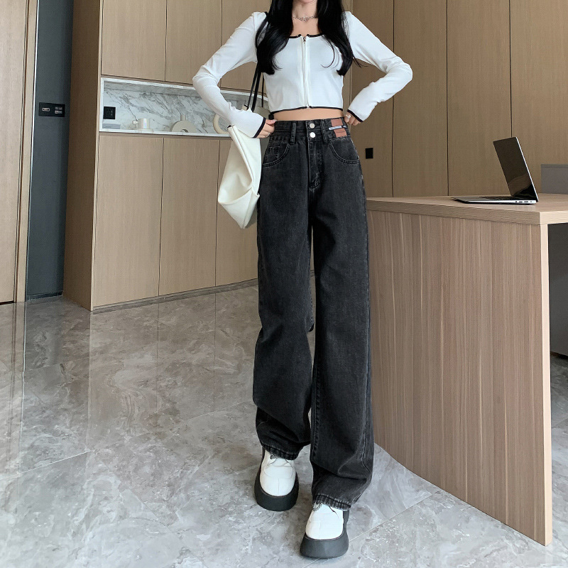 高腰直筒牛仔裤女新款宽松双扣显瘦拖地阔腿裤秋冬韩版ins潮百搭
