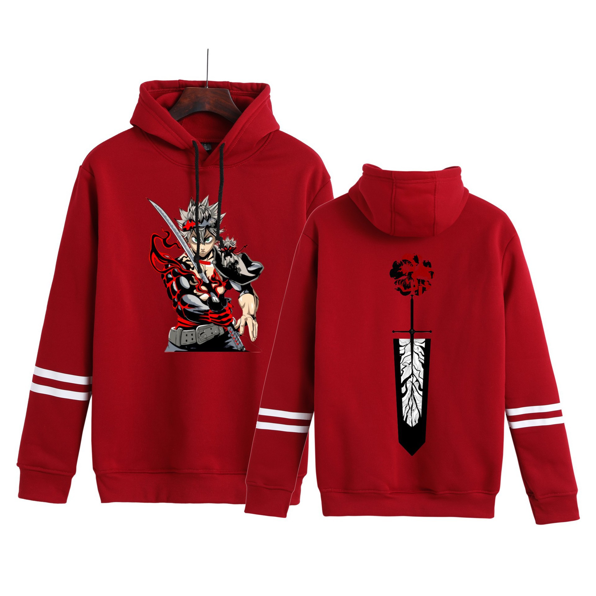 Amazon hombres y mujeres anime trébol negro Black Clover estampado con capucha pareja suéter de barras paralelas