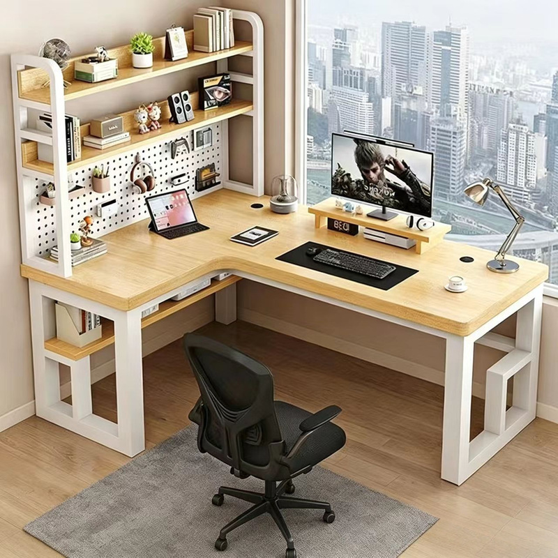 Corner computer desk for bedroom, home-use desktop desk with integrated bookshelf, corner gaming desk, simple solid wood office desk Corner computer desk for bedroom, home-use desktop desk with integrated bookshelf, corner gaming desk, simple solid wood office desk